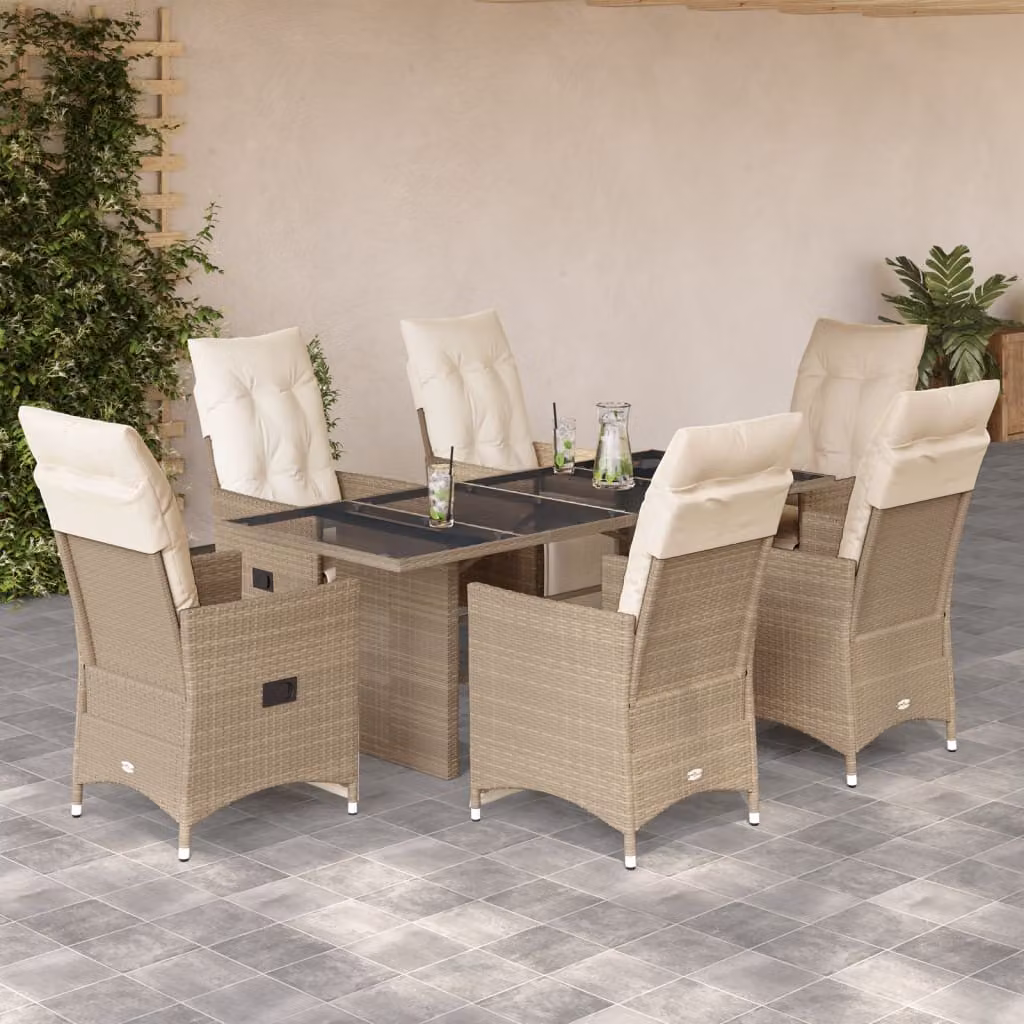 vidaXL Set da Bistrò da Giardino 7 pz in Polyrattan con Cuscini Beige e Piano in Vetro – 1