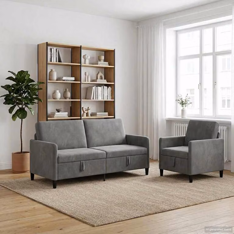Set di 2 divani moderni vidaXL con contenitore a sollevamento, rivestimento in tessuto grigio e nero per soggiorno