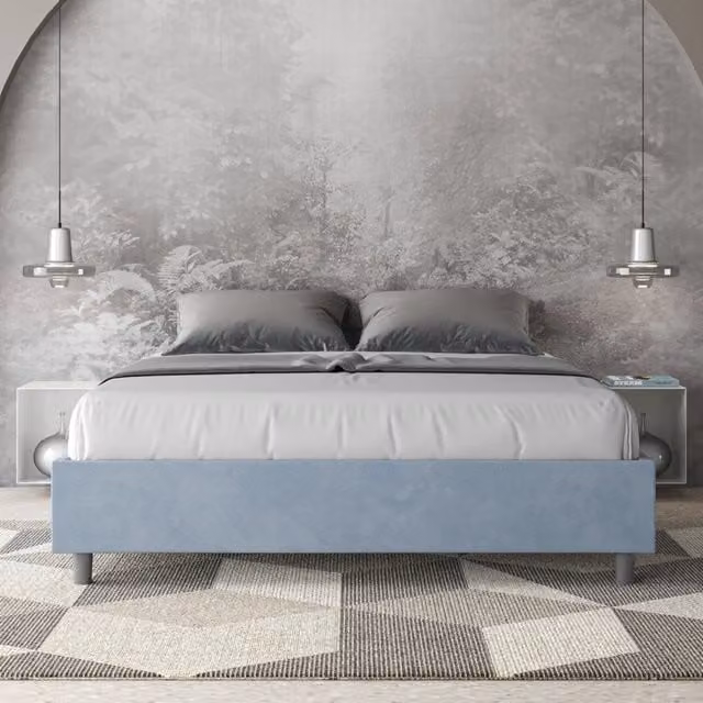Letto queen size contenitore imbottito 150x190 microfibra azzurro Azelia