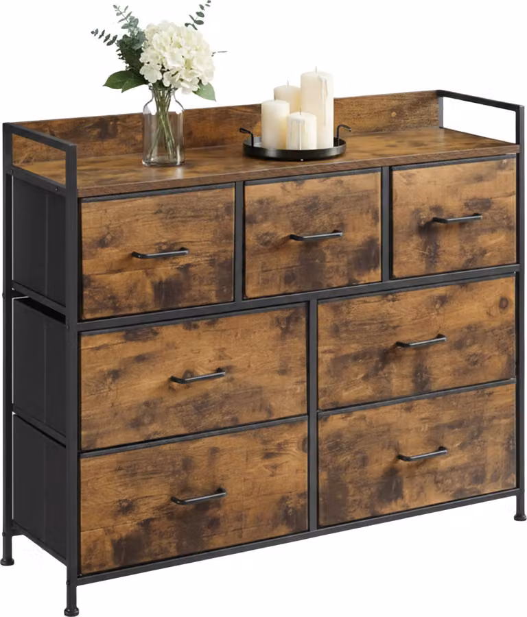 Comodino Relaxdays, 7 cassetti in tessuto, stile industriale, L x P x A: 98x85x28,5 cm, soggiorno, ingresso, comodino, nero/marrone
