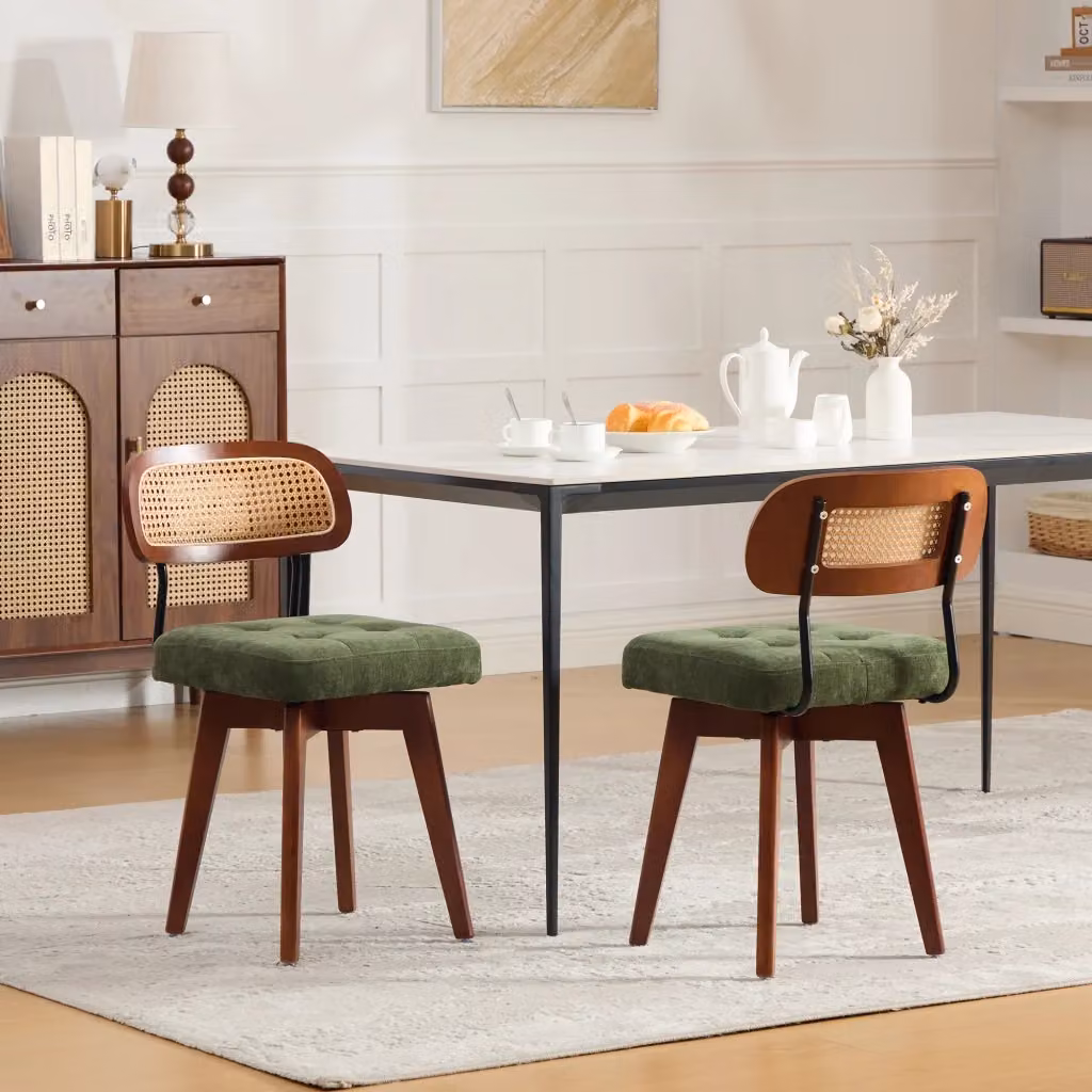 Set di 2 sedie da pranzo MIVRAY girevoli a 360 gradi in ciniglia verde con schienale intrecciato in rattan e seduta imbottita stile mid-century – 2