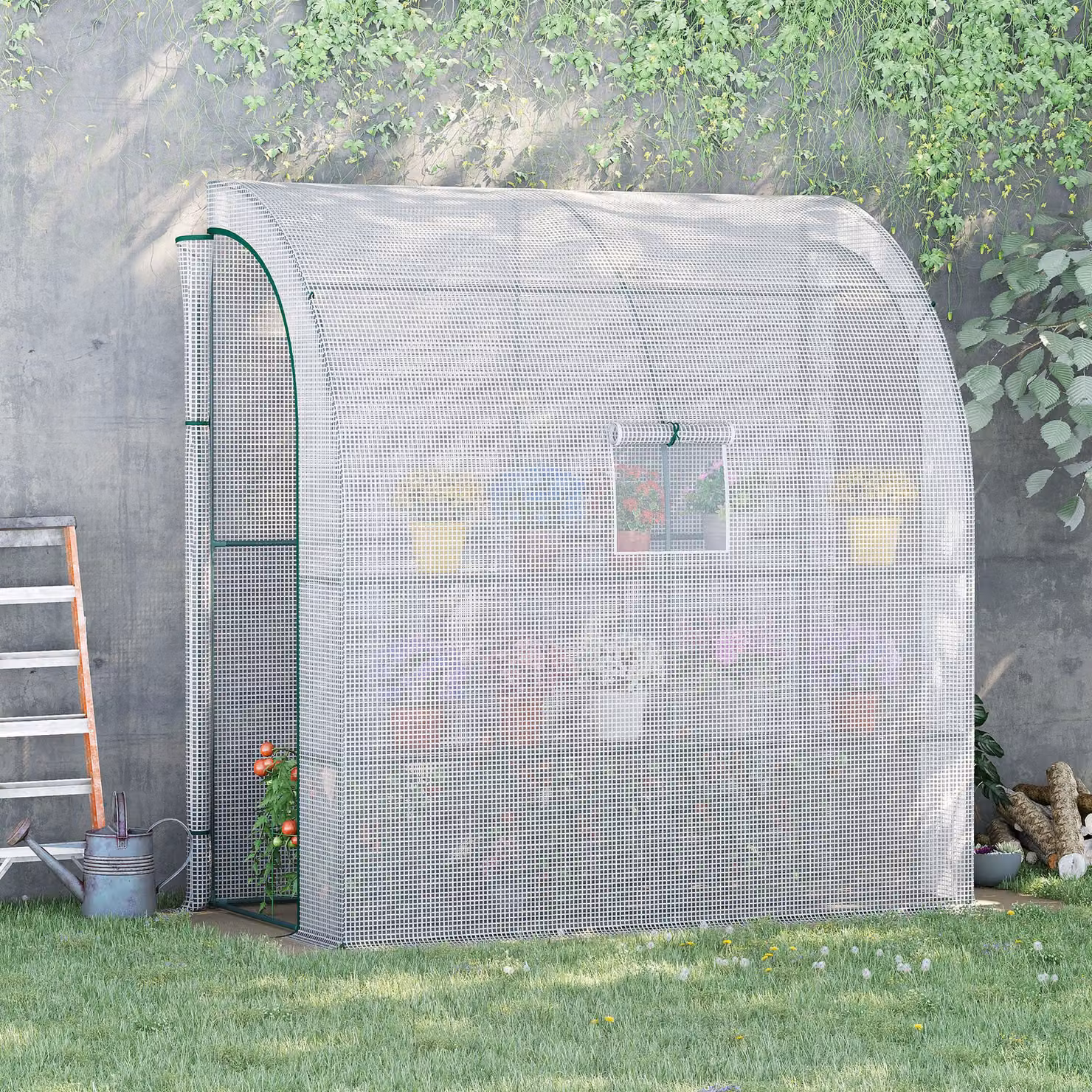 Outsunny Serra Addossata a 3 Livelli con Porte e Finestre Avvolgibili in PE e Acciaio, L/P/H: 200 x 100 x 215 cm, Verde e Bianco – 2