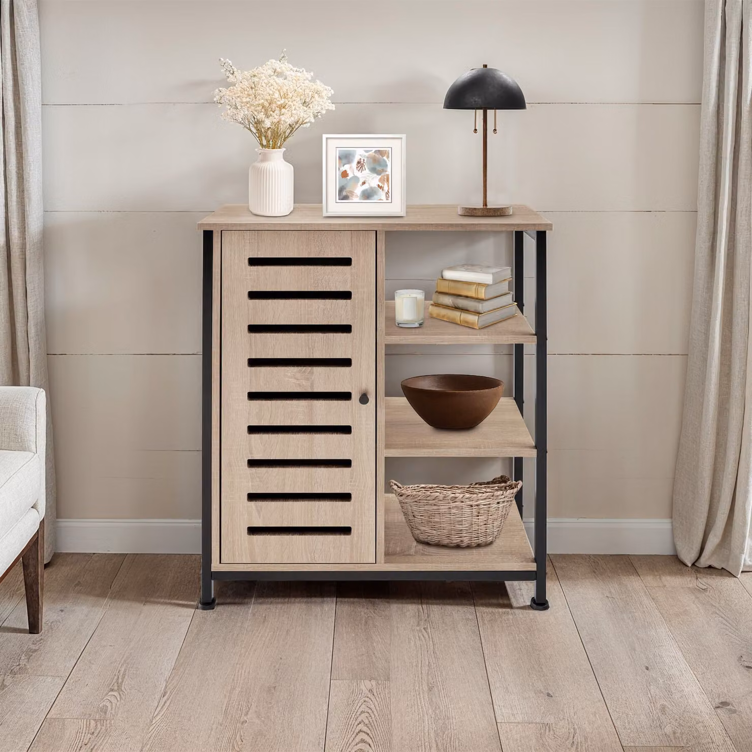 Credenza in stile industriale TecTake GmbH in legno rovere e metallo, colore beige e marrone, L: 71 cm, P: 32 cm, H: 82 cm – 2