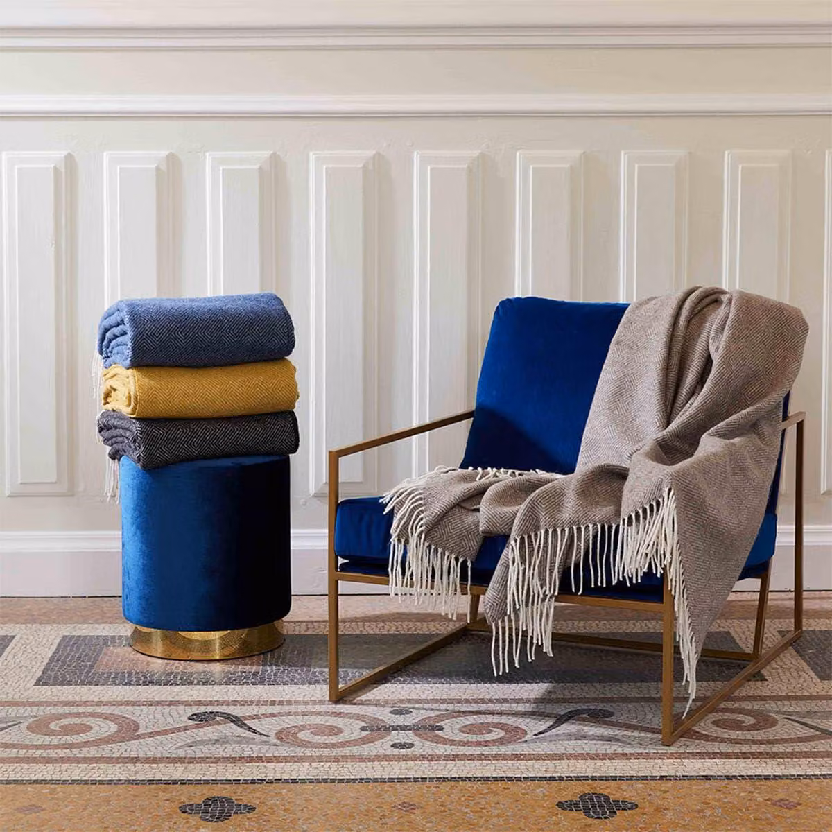 Coperta a quadri in misto Lana, 140x200 cm, colore blu denim