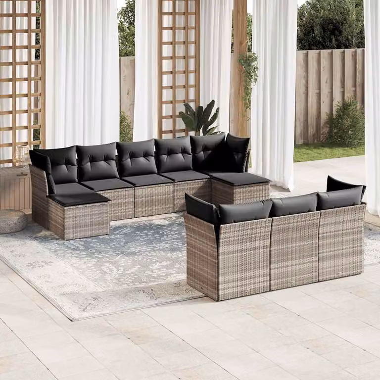 Set Divano da Giardino vidaXL 10 Pezzi in Polyrattan Grigio con Cuscini e Ottoman a Forma di U