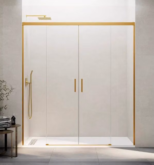 Box doccia rettangolare BASI BASIC 2 con 2 elementi fissi e 2 scorrevoli, vetro trasparente e finitura oro, L: 190 cm (100+100)
