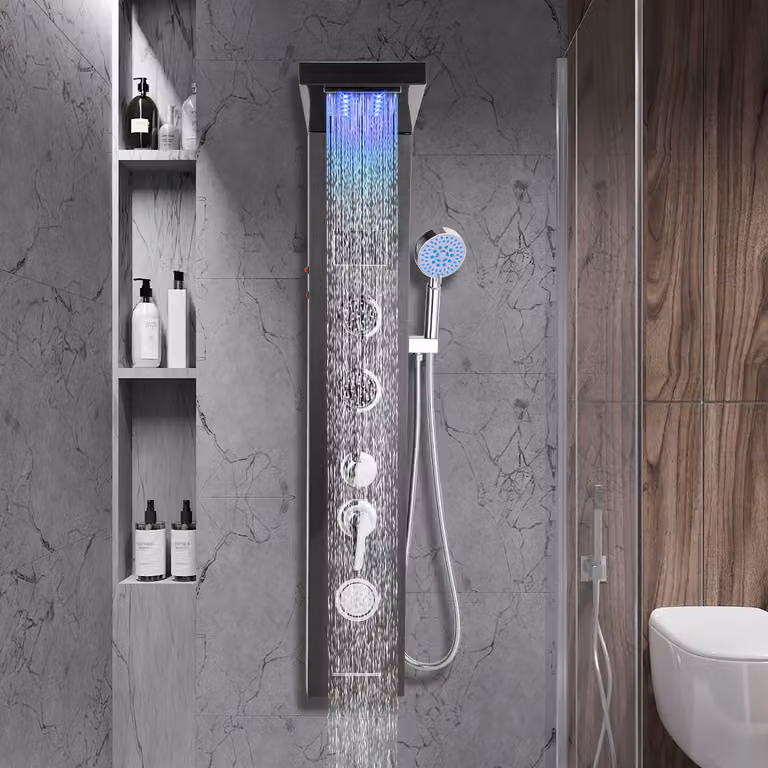 Jayseuw pannello doccia per bagno Sistema doccia idromassaggio Doccia a pioggia Pannello doccia multifunzionale 5 grandi getti massaggianti Colonna doccia, nero