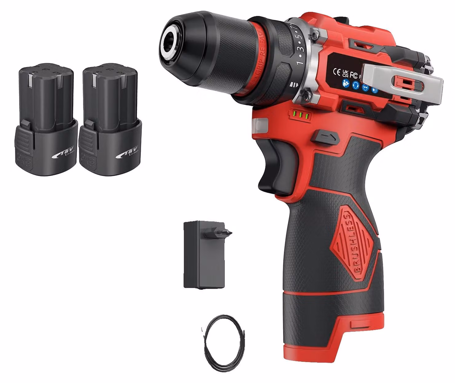 Trapano elettrico, coppia di 80 N·m, motore brushless, 2 batterie, omologato per l'Unione Europea