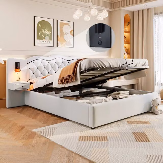 Letto matrimoniale imbottito 180 × 200 cm con vano contenitore idraulico testiera illuminata USB beige MDF