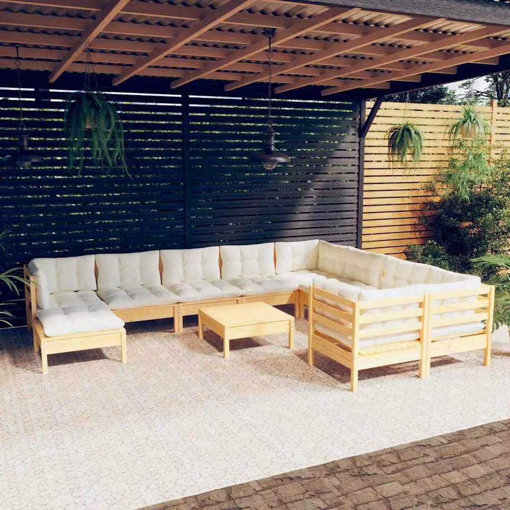 Set di divani da giardino vidaXL 11 pezzi in legno di pino massello con cuscini beige