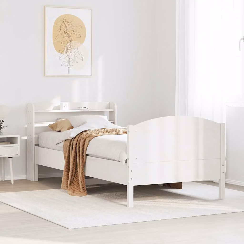 vidaXL Letto in Legno Massello di Pino Bianco con Doghe Fisse e Ripiani Laterali L: 75 cm, P: 190 cm