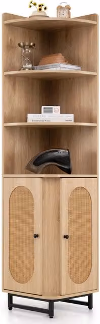 Armadio angolare in rattan e metallo beige con 2 ante e 4 scomparti aperti, Altezza: 172 cm