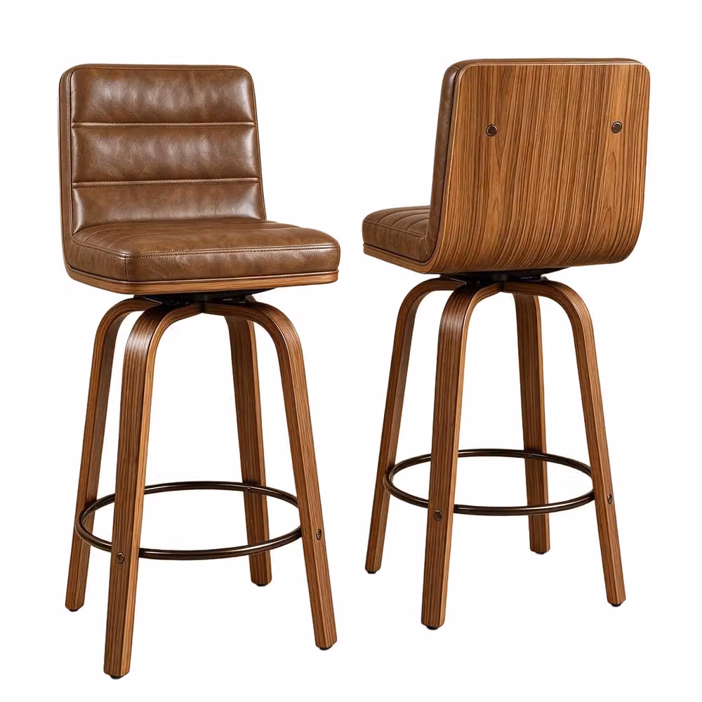 Set di sgabelli da bar girevoli 360 Minimal in similpelle marrone con gambe in legno di faggio per cucina e soggiorno – 2