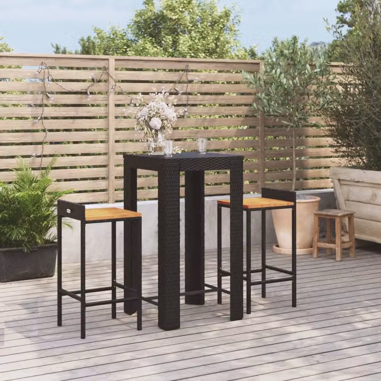 Set Bar da Giardino vidaXL in 3 Pezzi Nero in Polyrattan e Legno di Acacia