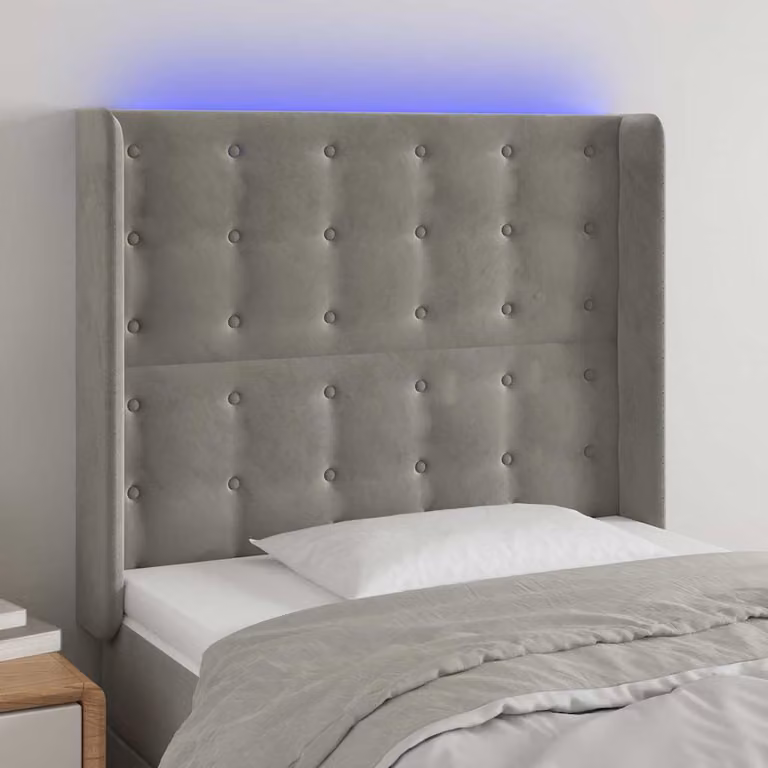 Testiera per letto vidaXL in velluto grigio con illuminazione LED integrata e porta di ricarica USB, L: 103 cm, P: 16 cm, H: 118/128 cm