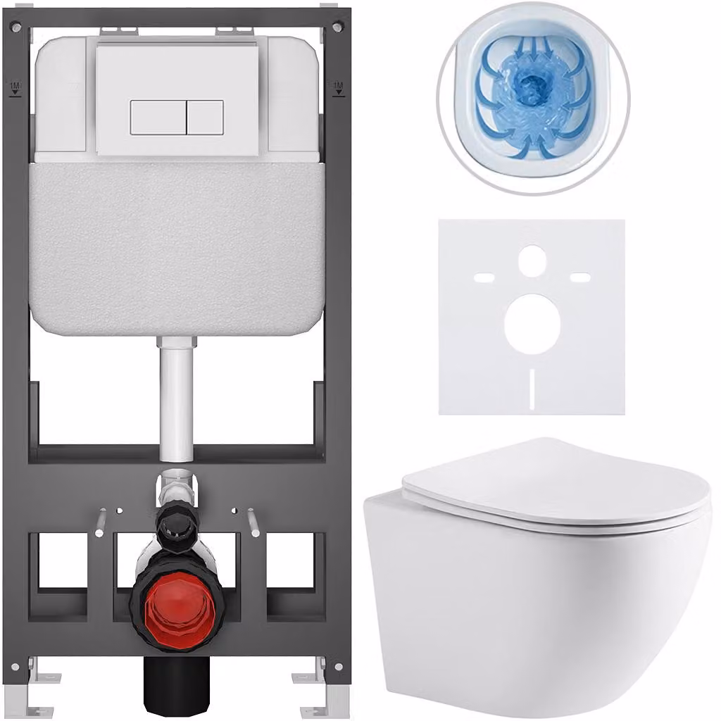 Set completo per WC a pavimento "Cesso" - bianco opaco - pulsante Prime/Modulo, bianco - modello autoportante - installazione a parete/con pannelli di cartongesso - 49x36 cm