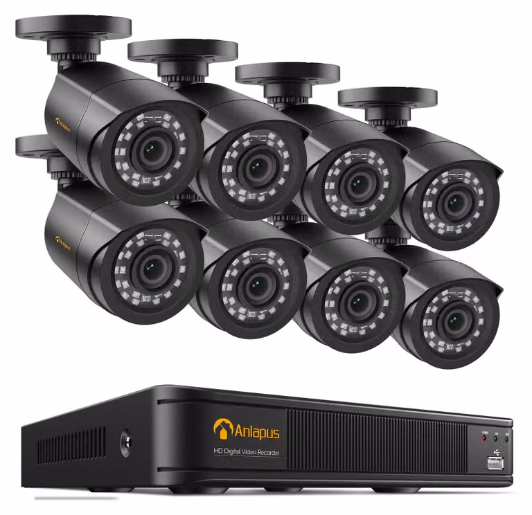 Kit di videosorveglianza con DVR a 8 canali, 8 telecamere cablate da 2MP - Risoluzione 1080p - Colore nero - Da utilizzare all'esterno - Sistema di sicurezza CCTV