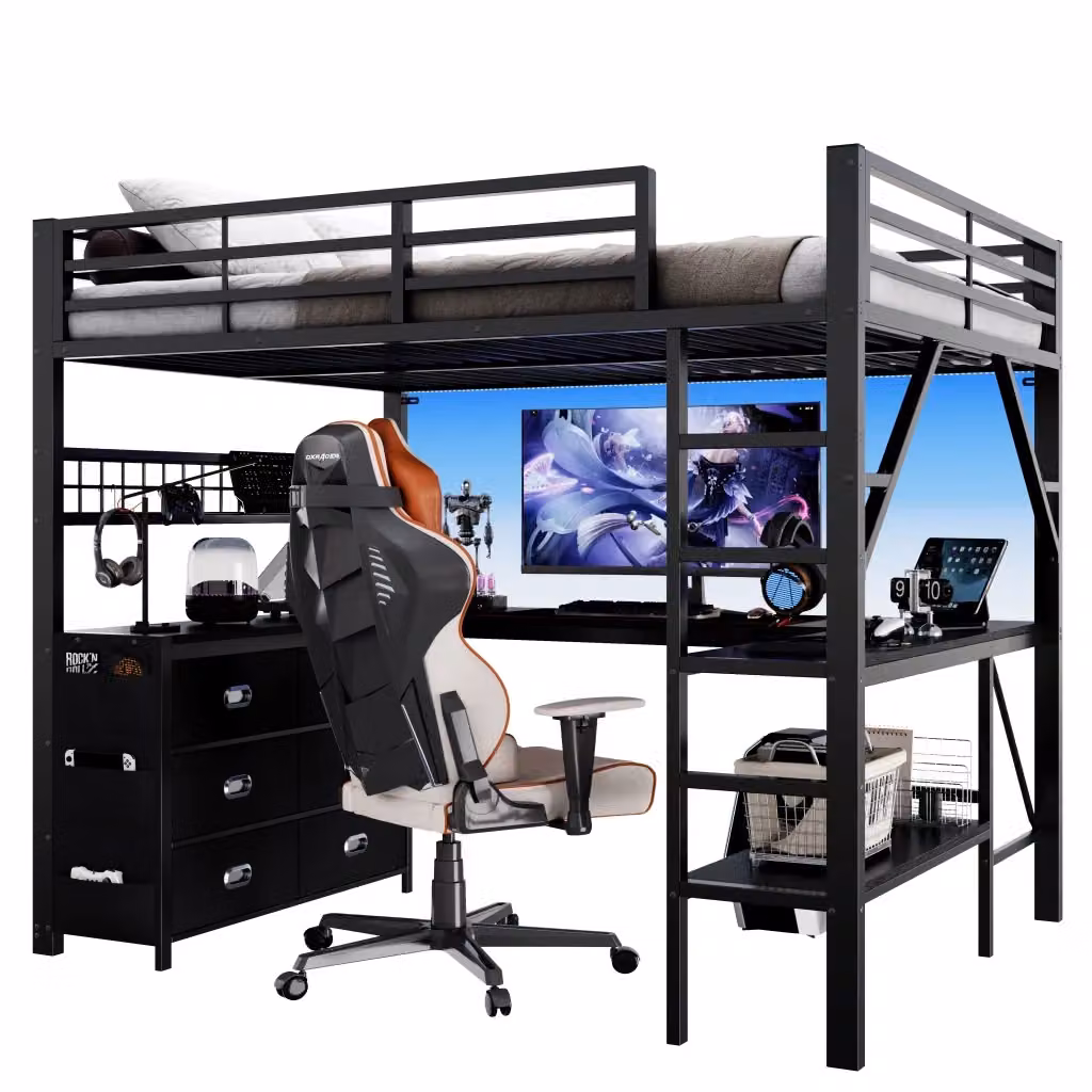 Letto a soppalco moderno in metallo e MDF nero con scrivania, 6 cassetti, ripiano, illuminazione LED e scala, L/P/H: 204 x 140 x 172 cm – 2