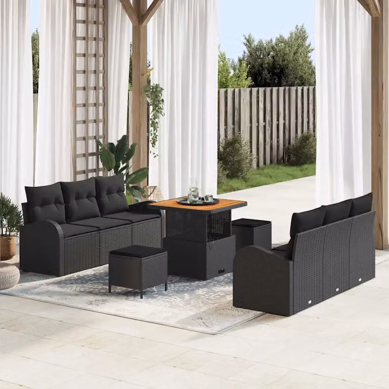 vidaXL Set Divano da Giardino a Forma di U con 9 Pezzi, Nero, con Cuscini e Contenitore per Archiviazione