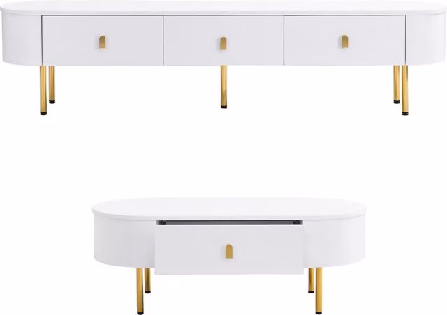 Set mobile TV e tavolino da caffè GL Store per soggiorno con cassetti e angoli arrotondati, Bianco e Oro – 1