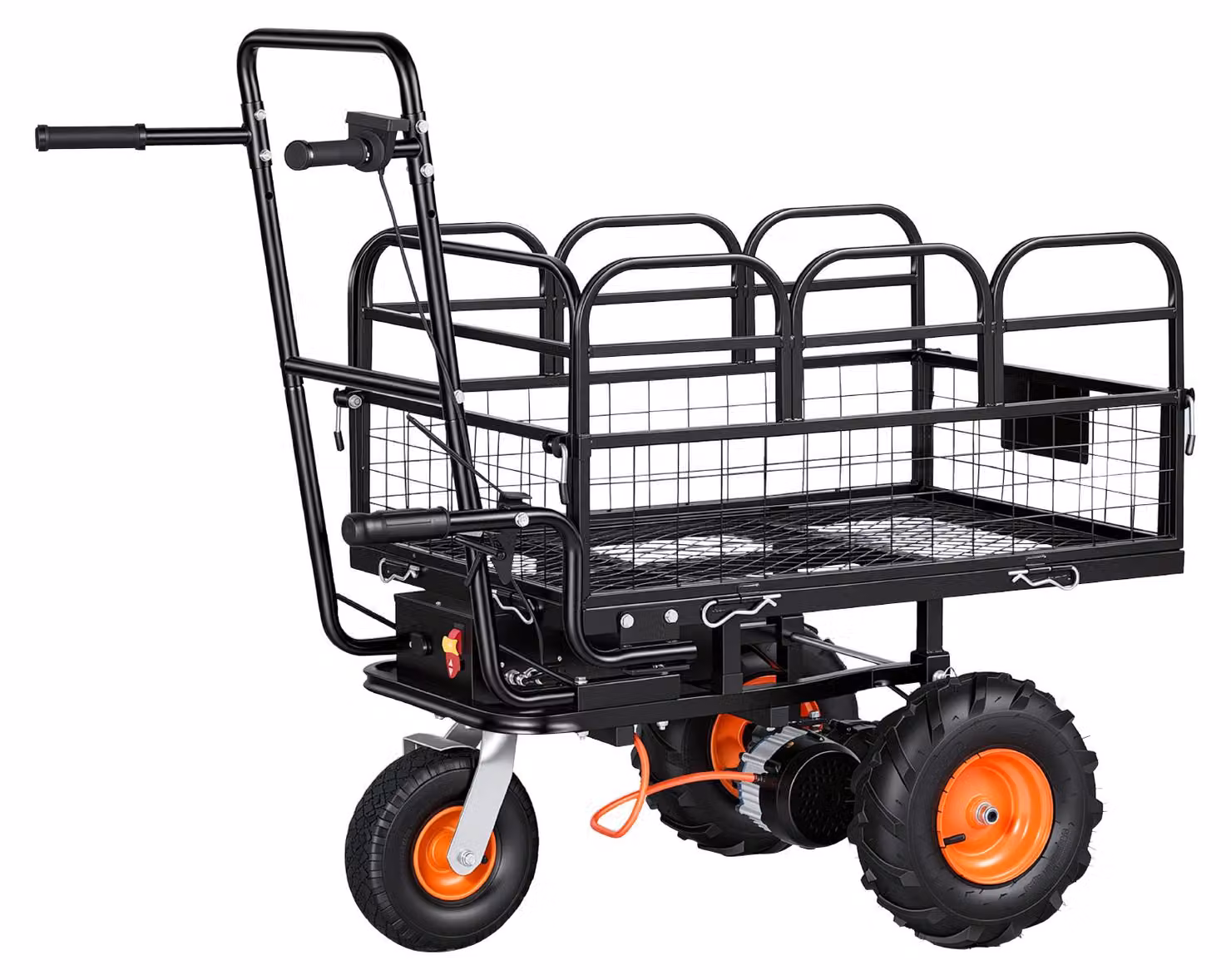 Carrello da giardino elettrico SucceBuy, carrello da trasporto alimentato a batteria da 36 V e 432 Wh, carriola da 500 W con meccanismo di ribaltamento a 90° e freno, portata di 226 kg, robusto carrello in acciaio per lavori di giardinaggio e agricoltura