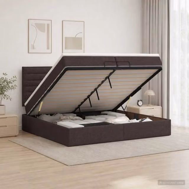 Letto ottomano moderno vidaXL con contenitore a sollevamento e materasso in tessuto marrone L/P/H: 200 x 200 x 88 cm