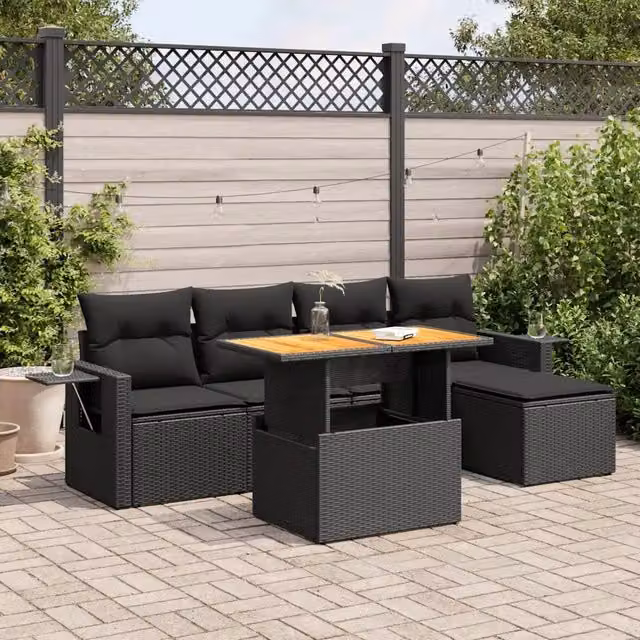 Set Divano da Giardino 6 pz con Cuscini Nero in Polyrattan 3327135