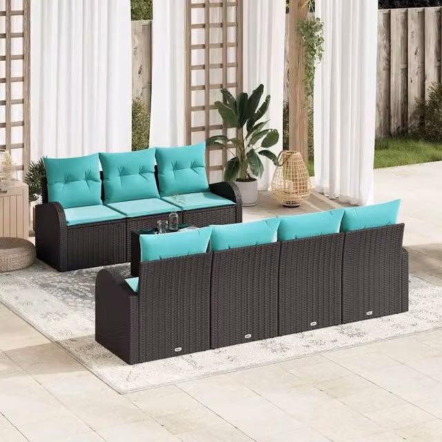 Set Divano da Giardino 8 pz 7-Numero di posti Nero e Turchese 3354625