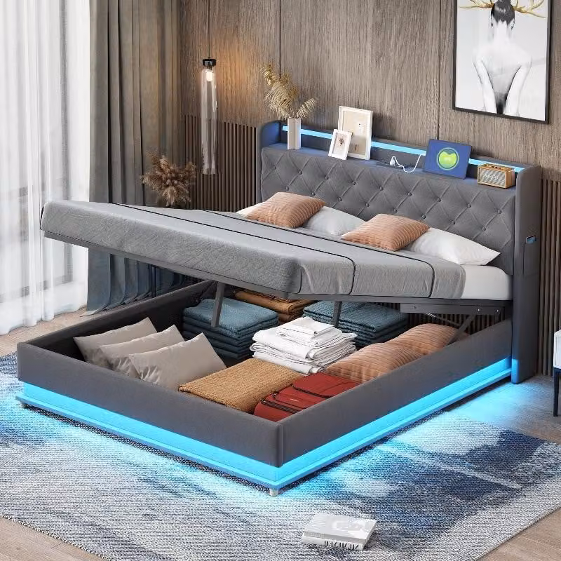 Letto imbottito LED 160x200 cm con porta USB e spazio contenitore ad apertura idraulica, letto grigio in tessuto di lino con struttura a rete metallica, ideale per la camera da letto