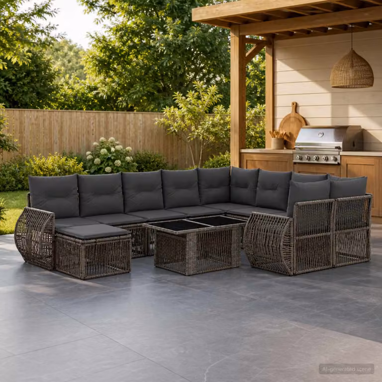 Set Divano da Giardino vidaXL 11 pz in Polyrattan Grigio e Antracite con Cuscini e Tavolino