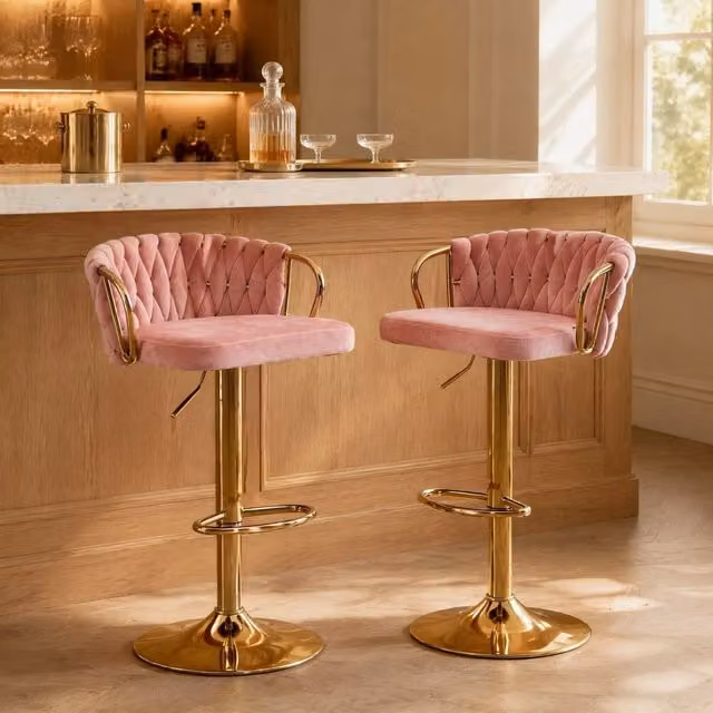 Set da 2 Sgabelli da Bar Regolabili in Velluto Rosa con Struttura in Metallo e Seduta Imbottita