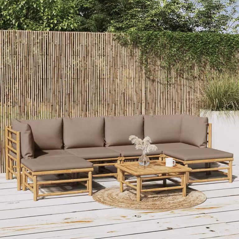Set Salotto da Giardino vidaXL 7pz in Bambù con Cuscini Color Tortora e Marrone