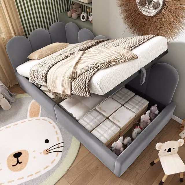 Letto a giorno con vano contenitore idraulico velluto grigio 90x200 cm