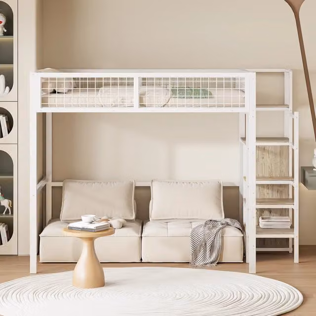 Letto a soppalco 140x200 in metallo con scala di sicurezza; parapetto a griglia e armadio sotto la scala; bianco