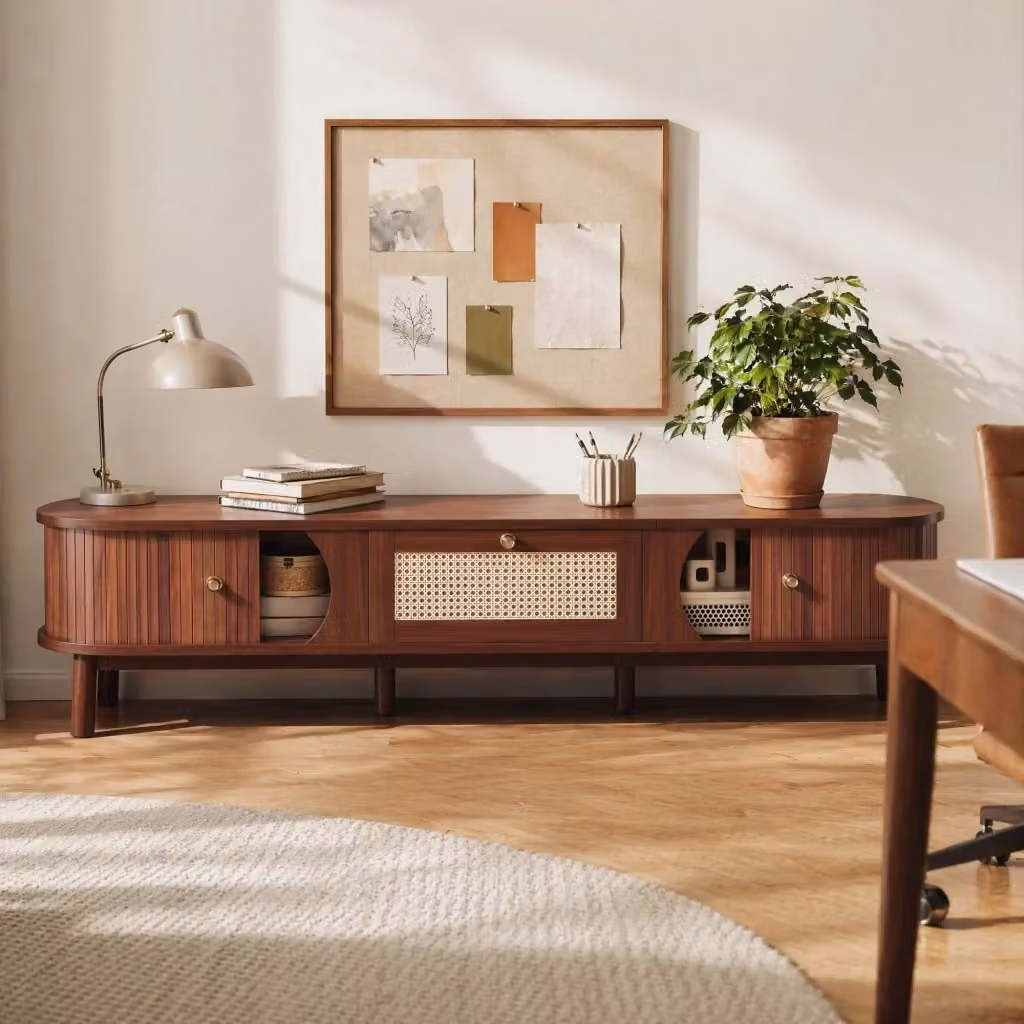 Mobile porta TV REDOM in legno e rattan con ante e cassetti, colore beige e marrone, L: 170 cm, P: 39,5 cm, H: 38 cm – 2