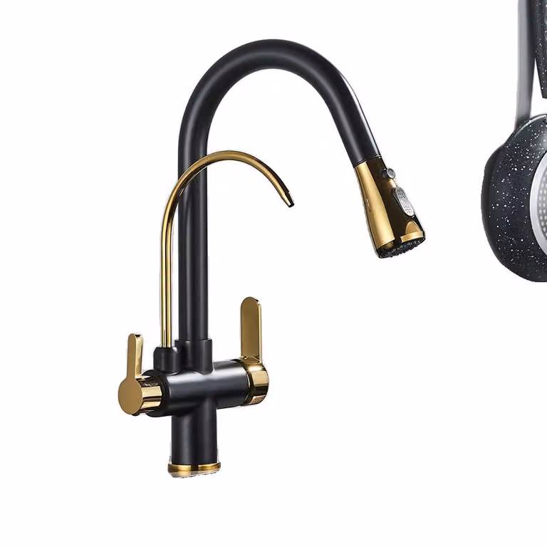 Rubinetto da cucina in oro nero, ugello estraibile, funzione per acqua calda e fredda, materiale in ottone resistente , Oro nero