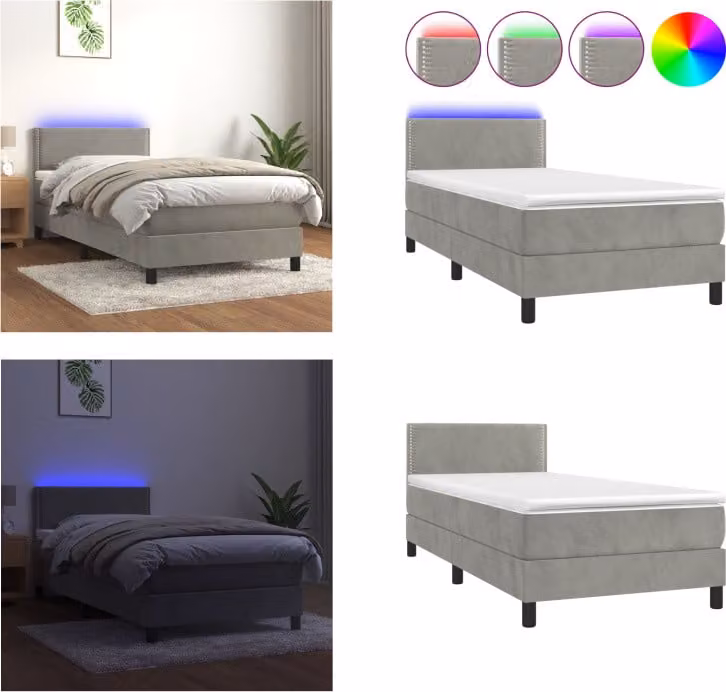 vidaXL Letto a molle con materasso e LED grigio chiaro 80x200 cm in velluto - Letto a molle - Boxspringbetten - Bett - Schlafzimmermöbel