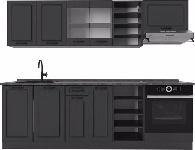 Cucina componibile R-Line Vicco colore Antracite con ante in vetro e illuminazione integrata L: 240 cm, P: 60 cm, H: 206,8 cm