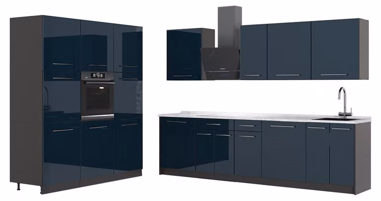 Cucina componibile Vicco Fame-Line Blu scuro lucido/Antracite 460 cm, PL Marmo, Model 63768