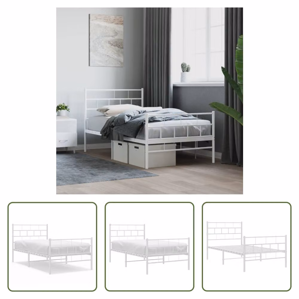The Living Store Struttura letto con testiera e pediera in metallo bianco 100x190 cm