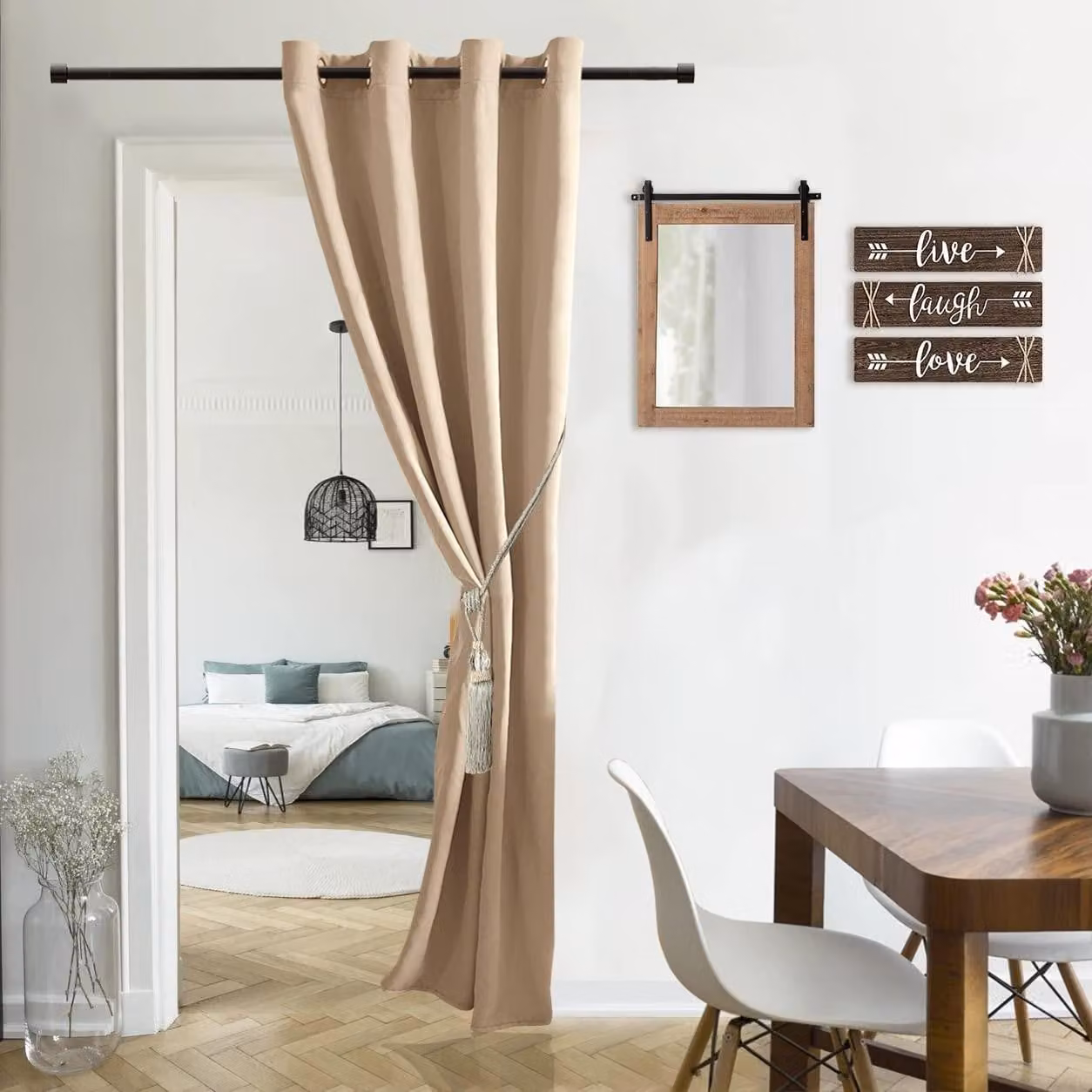 Tenda oscurante per porta, modello Solidchoice, colore nero, design moderno, tonalità beige