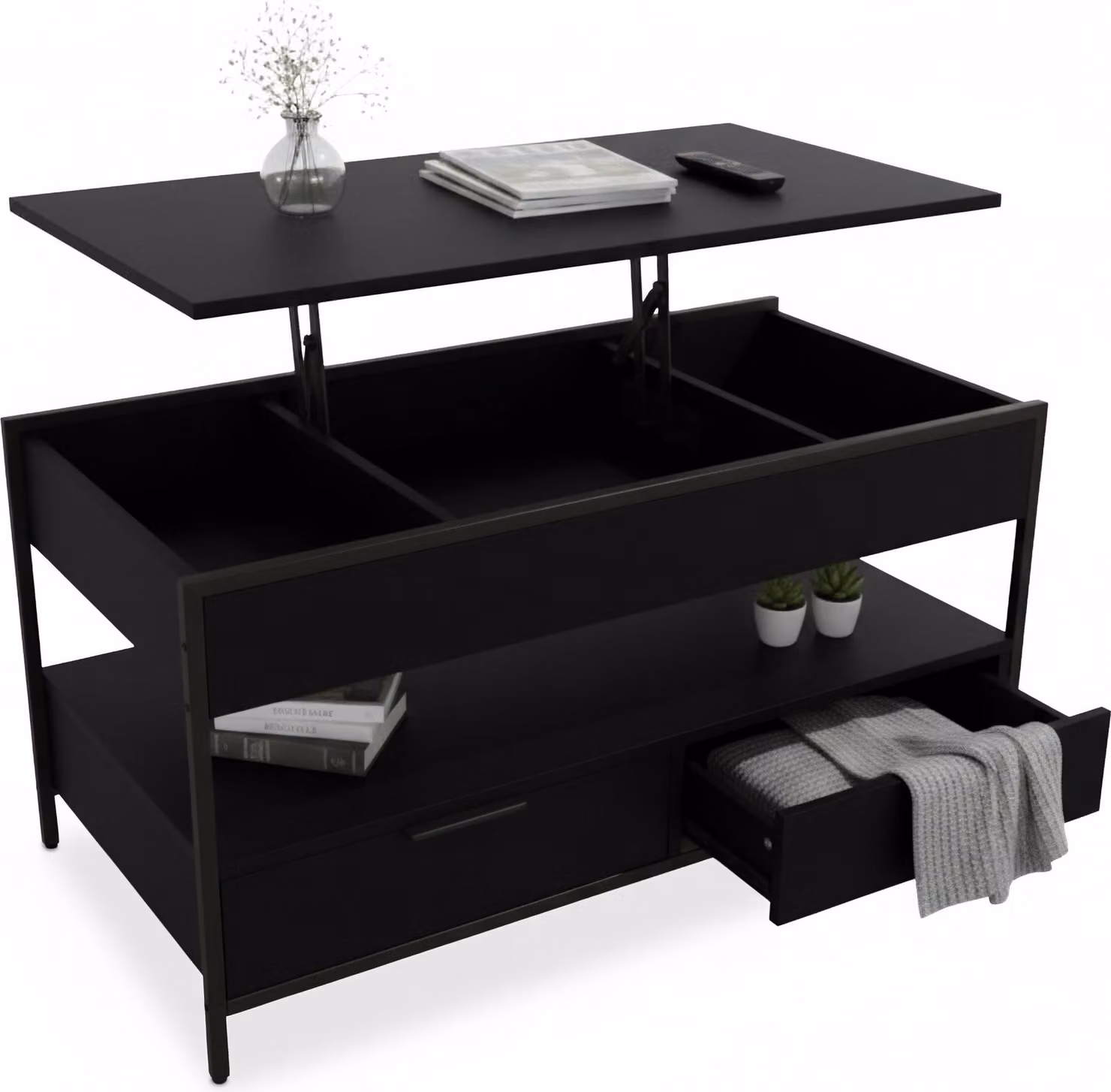 Tavolino Relaxdays, ribaltabile, 2 cassetti, 4 scomparti, L x P x A: 48–63 x 100 x 50 cm, tavolino da salotto in stile industriale, nero