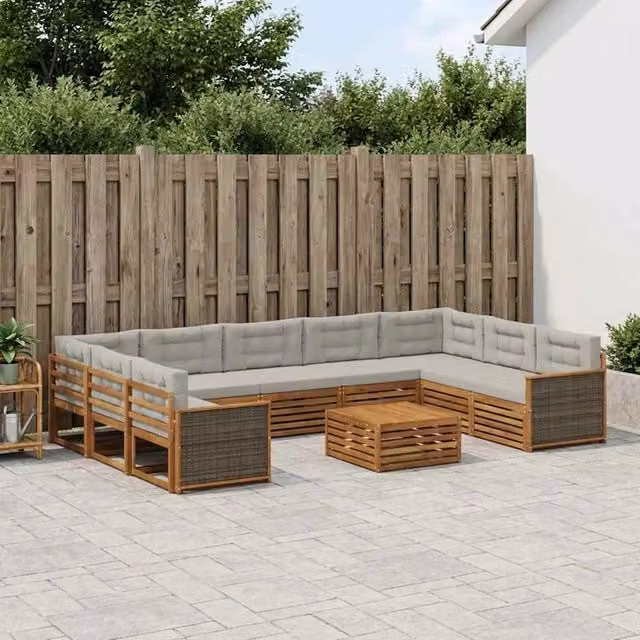Set di divani da esterno a L vidaXL in legno di acacia con cuscini, beige e grigio
