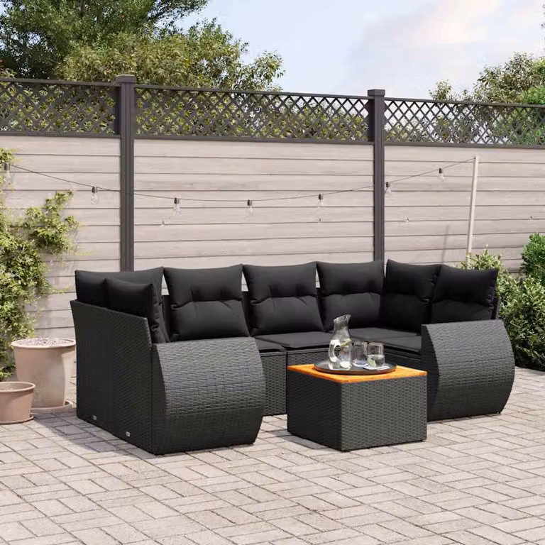 Set Divani da Giardino a L vidaXL in Polyrattan Nero con 7 Cuscini e Tavolino da Esterno