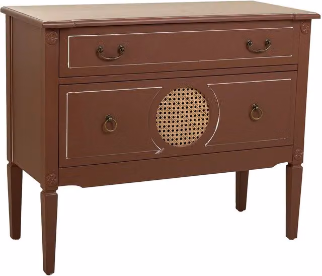 Cassettiera in legno e rattan con due cassetti marroni, 88x38x72h cm