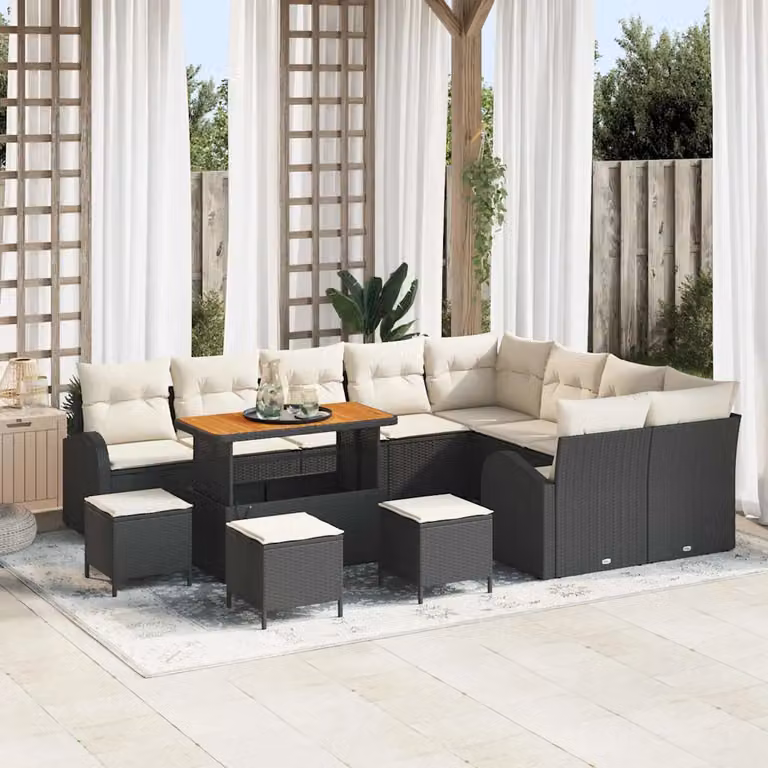 Set Divano da Giardino vidaXL 13 pz Nero con Cuscini e Tavolino in Polyrattan e Acciaio