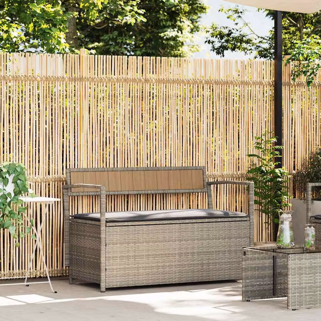 vidaXL Panca Portaoggetti da Giardino in Polyrattan Grigia con Cuscino L: 110 cm, P: 54 cm, H: 74 cm