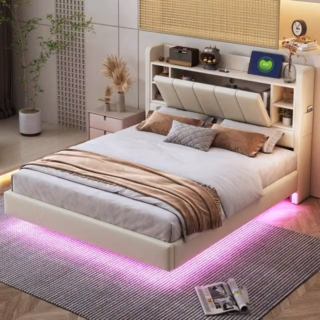 Letto matrimoniale imbottito OKWISH in tessuto beige con illuminazione LED, porte USB e vani contenitore nella testiera, L/P/H: 140 x 200 x 145 cm