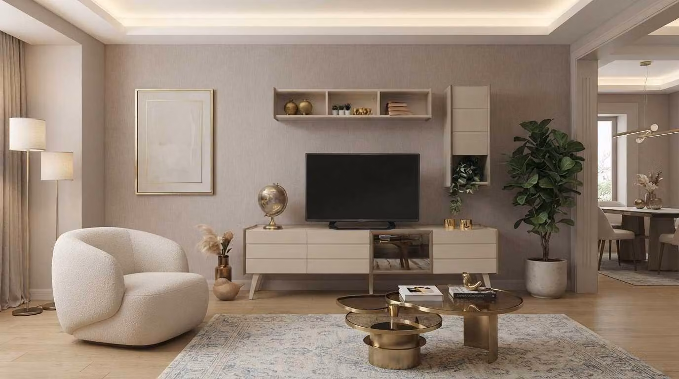 Set di mobili per soggiorno beige, design moderno, lussuoso, composto da: mobile TV a basso profilo, scaffali a parete e armadio