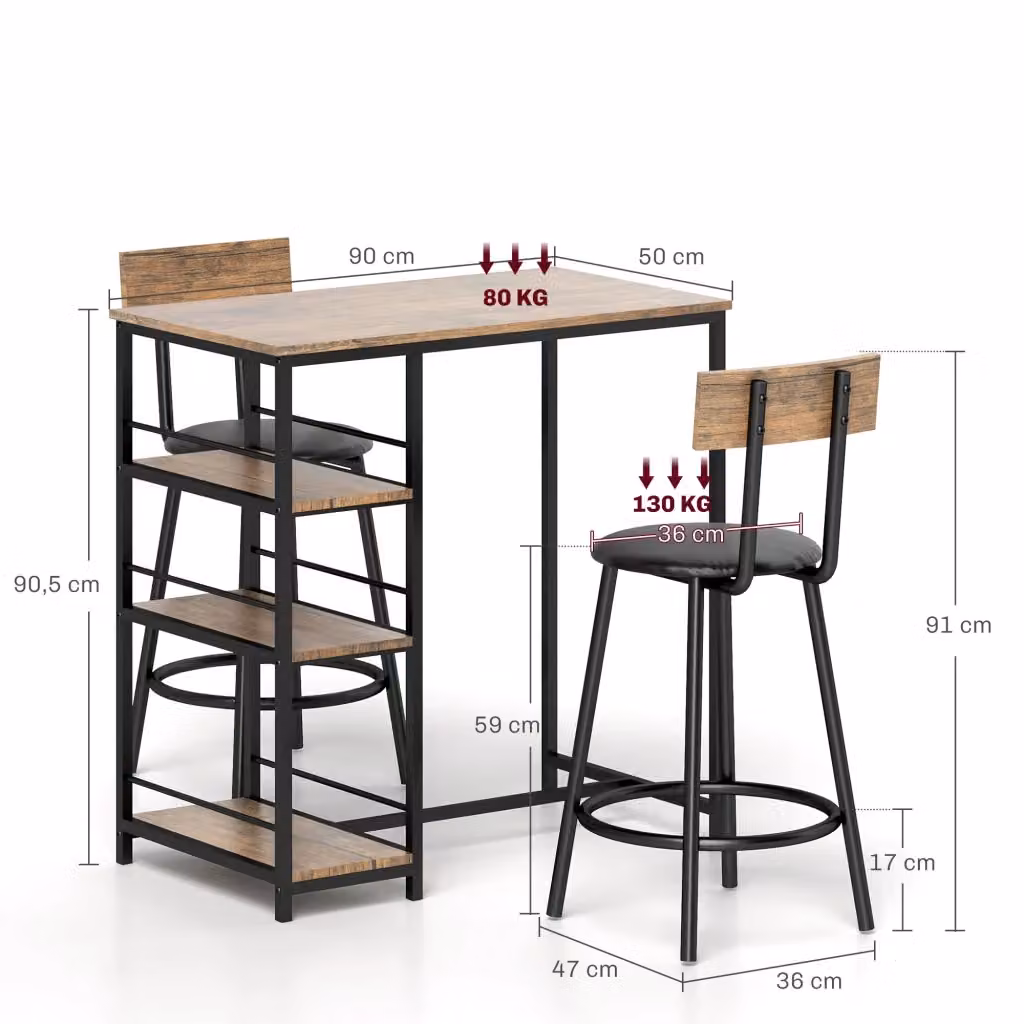 Set tavolo bar WISHDOR con 2 sgabelli, design moderno con 3 ripiani laterali, struttura in metallo e piano in MDF color marrone – 2